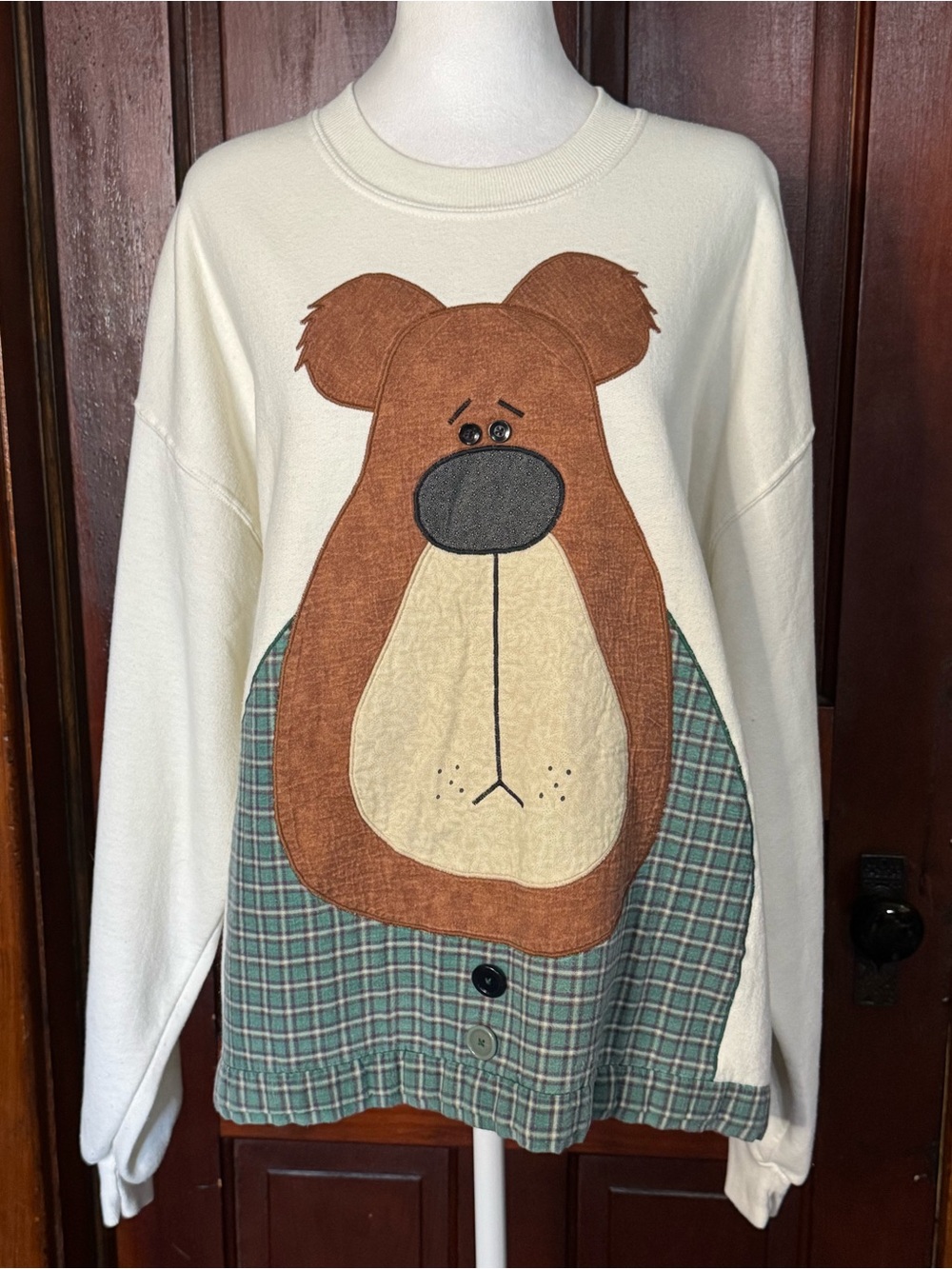 Vintage Novelty Patchwork Jerzees Sweater Size XL Bear Plaid Patchwork
